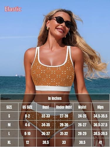 ChiaoLezhee Women's High Waisted Bikini Sets, Hollow Out Color Block, Two Piece Sporty Scoop Neck Adjustable Straps Swimsuit thumbnail 6