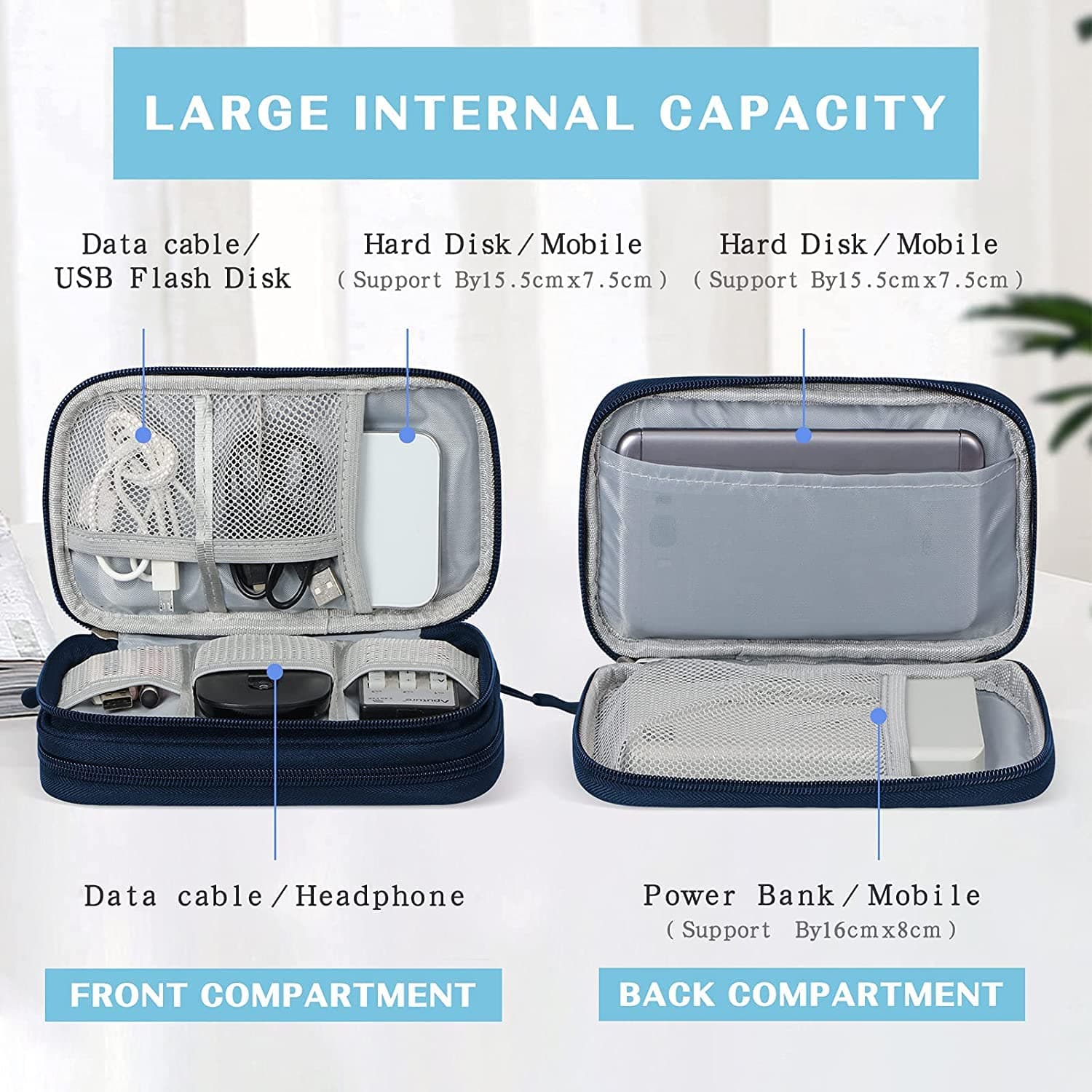 FYY Electronic Organiser - Travel Cable Organizer Bag Pouch Electronic Accessories Carry Case Portable Waterproof Double Layers All-in-One Storage Bag for Cable, Cord, Charger, Phone Navy thumbnail 3