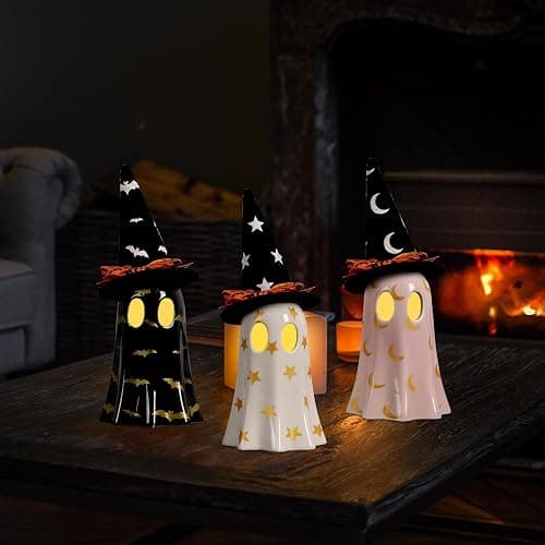 DAZONGE Set of 3 Halloween Ceramic Ghost Halloween Decorations Indoor | Ceramic Ghost Figurines with Witch Hats for Indoor Halloween Decor. Cute Spooky Ghost Decor for Mantel, Shelf or Tabletop thumbnail 4