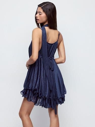 CIDER Women Sequin V Neck Halter Mini Dress with Scarf | Four Season Chiffon Crystal Accent thumbnail 4