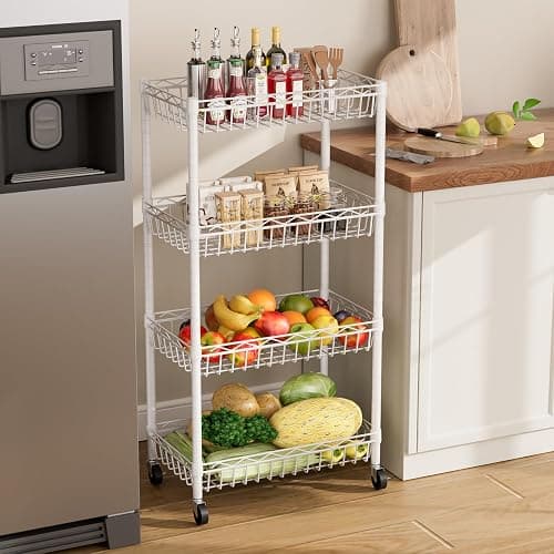 SINGAYE 4 Tier Basket Shelf Wire Shelving Unit Adjustable Storage Shelves Big Basket Rack for Garage Kitchen Office Pantry Corner 17" Dx12 Wx50 H White thumbnail 3