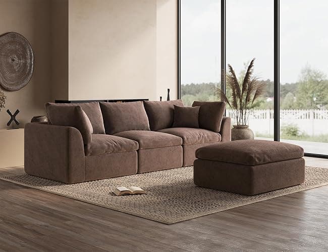 ohllob 110" Cloud Sectional Couches for Living Room, Boneless L-Shape Couch with Ottoman, 3 Seater Modular Sectional Sofa, Brown thumbnail 3