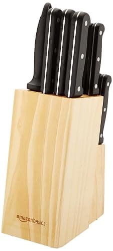 Amazon Basics 14-Piece High Carbon Stainless Steel Kitchen Knife Set with Sharpener and Pinewood Block, Black thumbnail 7
