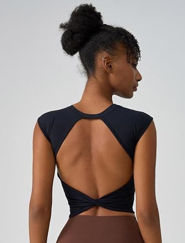 ABOCIW Workout Tops for Women Open Back Longline Sports Bras Athletic Crop Top Cap Sleeve Gym T Shirts with Built in Bra thumbnail 4