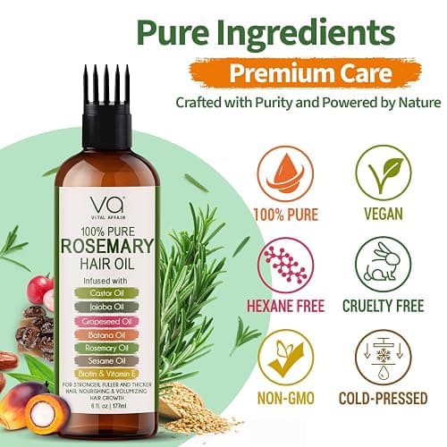 VITAL AFFAIR 100% Pure Rosemary Oil For Hair Growth With Castor, Batana, Jojoba Oil - Infused With Biotin & Vitamin E-Blend of Effective Hair Oils for Hair Growth-Strengthening Treatment 6 Fl Oz - Natural Light Rosemary - 6 Fl Oz (Pack of 1) thumbnail 6