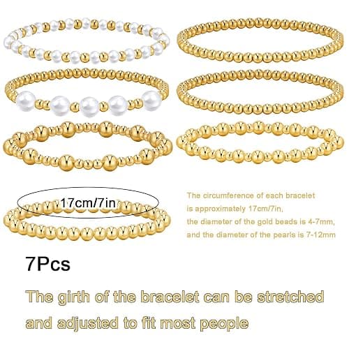 7Pcs Gold Bracelets for Women Gold Plated Beaded Bracelet Elastic Stretch Bead Ball Stack Set Stretchable Adjustable Gold Jewelry Gifts - Charming thumbnail 2