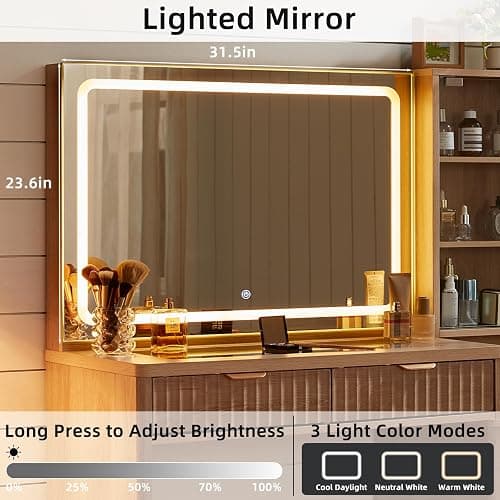 LEYAOYAO Vanity Desk with Mirror and Lights, 43.5'' Fluted Makeup Vanity with 6 Drawers and Adjustable Shelves, Natural Wood Make Up Vanity Dressing Table with Glass Top and Power Outlet for Bedroom - Natural Wood thumbnail 5