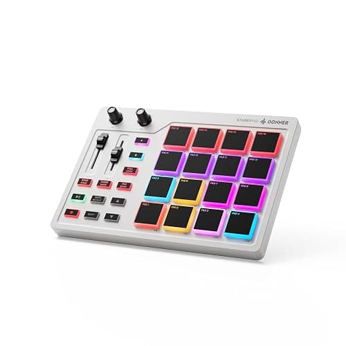 Donner MIDI Pad Beat Maker Machine Professional, Drum Machine with 16 Beat Pads, 2 Assignable Fader & Knobs and Music Production Software, USB MIDI Controller with 40 Courses, STARRYPAD White - Image 1