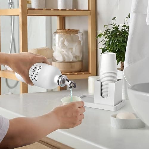 Glass Mouthwash Dispenser for Bathroom, 16 OZ Mouthwash Dispenser with Pour Spout and Wood Cup Holder and Tray, Mouth Wash Bottle Container, Farmhouse Kitchen Bathroom Decor and Accessories, White - White thumbnail 3