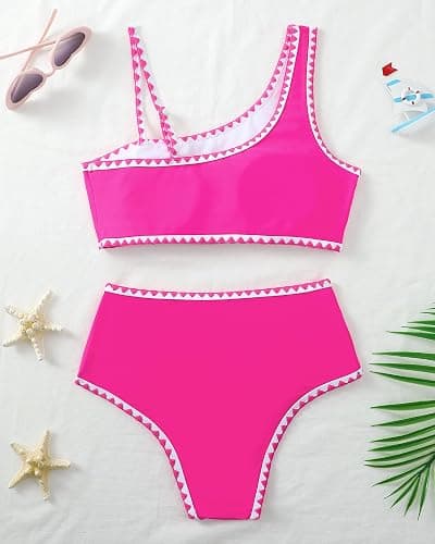 Sewetier Girls Swimsuit 2 Piece Bikini Set Contrast Trim Bathing Suit Padded Solid Color Swimwear with Adjustable Strap 7-16Y thumbnail 4