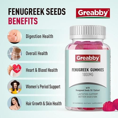 GREABBY Fenugreek Gummies 1000mg, Pure Organic Fenugreek Seeds Supplement for Breastfeeding, Healthy Lactation Support, Non-GMO (60 Vegan Gummies) thumbnail 5