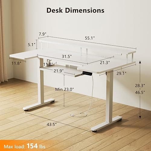 OffiGo U Shaped Electric Standing Desk with Keyboard Tray, 55 Inch Height Adjustable Desk with Power Outlets & LED Lights, Sit Stand Table with Monitor Stand for Home, Office, White thumbnail 3