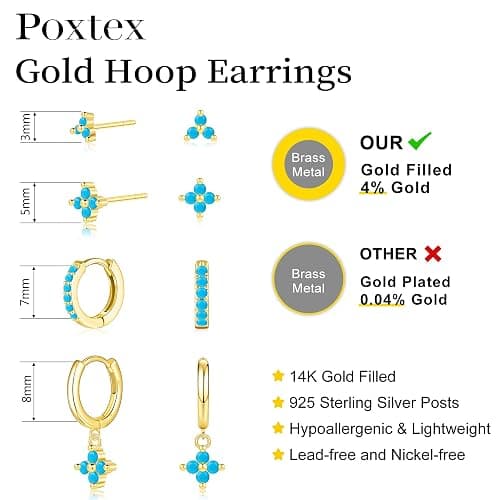 Poxtex 4 Pairs Gold Hoop Earrings Set for Women, 14K Gold Plated Small Huggie Earrings for Multiple Piercing, Dainty Hypoallergenic Cartilage Earrings for Women Jewelry Gift thumbnail 4