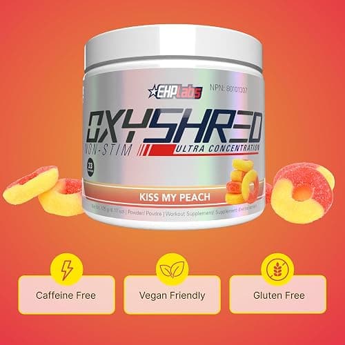 EHP Labs OxyShred Non Stim Pre Workout Powder – Caffeine Free Preworkout for Women & Men – Non Stimulant Thermogenic & Energy Support – Focus & Metabolism Support – Peach, 33 Servings thumbnail 4