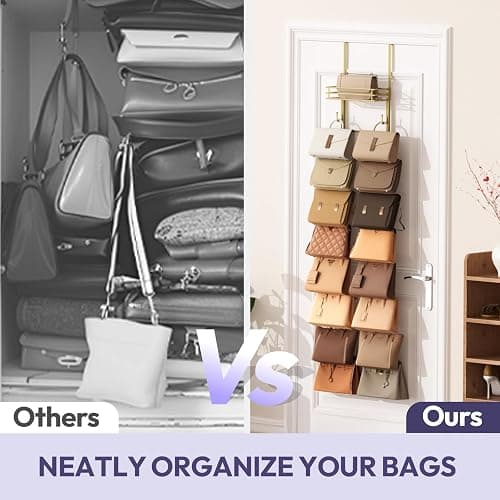 SWTYMIKI Over the Door Purse Organizer - Wall Mounted Handbag Organizer with 16 Hooks and Metal Basket, Hanging Purse Storage Rack Holds up to 16 Bags, Bag Rack Can Use As 1/2 Part, for Door, Closet thumbnail 5