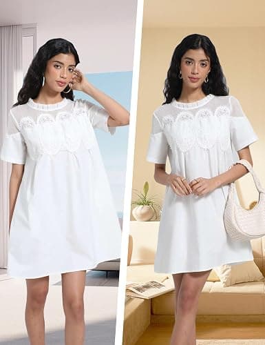 Shiyifa Womens Babydoll Lace Patchwork Dresses Summer Short Sleeve Ruffle Sundress Loose Crew Neck A-Line Dresses thumbnail 5