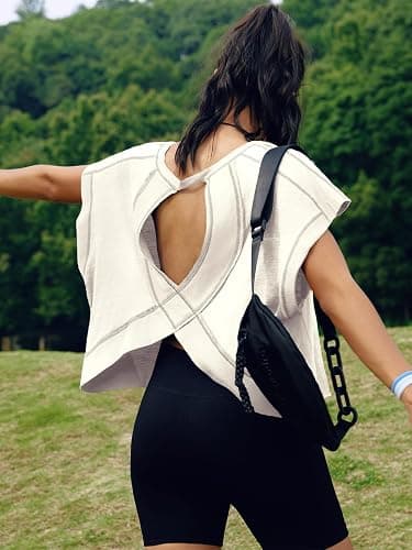 SENSERISE Womens Open Back Workout Tops Backless Short Sleeve Athletic Shirt Running Crop Top Gym Yoga Tee thumbnail 4