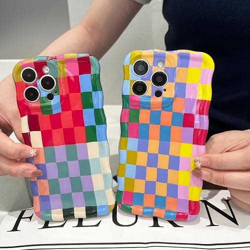 branple Compatible with iPhone 16 Plus Case, Cute Wave Curly Colorful Checkerboard Plaid Phone Case for Women/Men, Soft TPU Shockproof Protection Case Designed for iPhone 16 Plus (Colorful 1) thumbnail 3