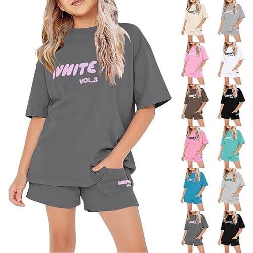 Girls Tracksuit Set Kids Trendy T-Shirt + Shorts 2 Piece Outfit Summer Fashion Short Sleeve White F0x Letter Print Tops with Loose Jogger Shorts Y2k Activewear Casual Sweatshirt Gym Set UK - Image 1