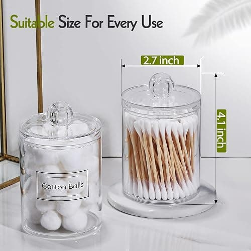 2 Pack Acrylic Qtip Holder Dispenser for Cotton Swabs, Balls, Pads, Floss Picks- Small Clear Plastic Canister Apothecary Jar Set, Bathroom Essentials Accessories Decor, Vanity Makeup Storage Organizer thumbnail 3
