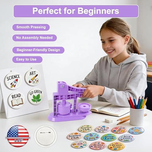 Happizza Button Maker Machine 58mm/2.25in, Pin Maker Machine Kit with 30 Buton Parts, DlY Badge Maker, Purple Button Press Machine, Perfect Beginner Experience Kit, Ideal for School, Parties, Events thumbnail 3