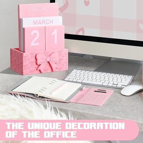 AceOrbit Pink Bow Wood Block Perpetual Calendar Coquettish Desk Decor Cute Month Week Date Display Decorative Block Calendar for Women Office Home Desk Gift for Women thumbnail 5