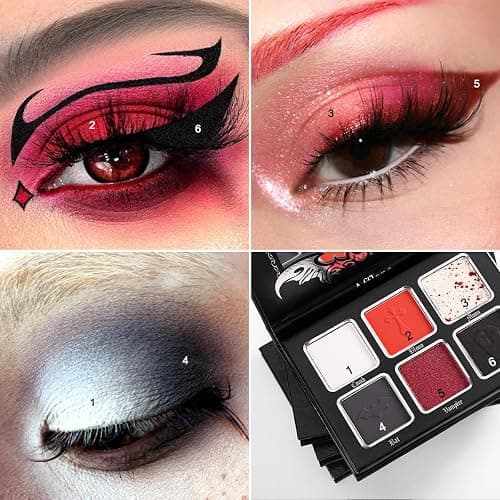 DE'LANCI Schwarzer Roter Lidschatten Palette,Rot White Dark Grey Goth Smoky Eyeshadow Palette,6 Farben Matte Shimmer Burgundy Metallic Halloween Makeup Palette für Zombie Vampir Clown - Schwarzer Roter thumbnail 4