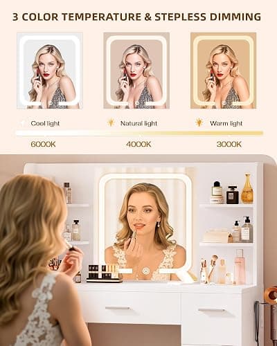 LIVELYGLOW Large Makeup Vanity Desk, 43.3”W x 15.7“D x 53.2”H, White (Large Desktop, Samrt LED Mirror, 4 Open Shelves, 7 Drawers, Hairdryer Rack, Power-Outlet, No Cushion Stool Included) thumbnail 3