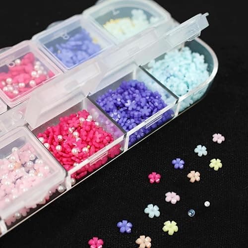 Viojrlly 4 Box Bügelperlen 3D-Nagelkunst-Dekorationen Blumenform Nagel Anhänger, Gold-Silber-Kaviar-Metallperlen Charm Strass-Dekorationszubehör Pastell-Acrylblume für Nagelkunst thumbnail 2