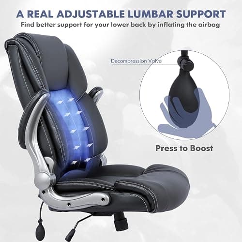 COLAMY High Back Executive Office Chair- Ergonomic Home Computer Desk Leather Chair with Padded Flip-up Arms, Adjustable Tilt Lock, Swivel Rolling Chair for Adult Working Study-Black thumbnail 4