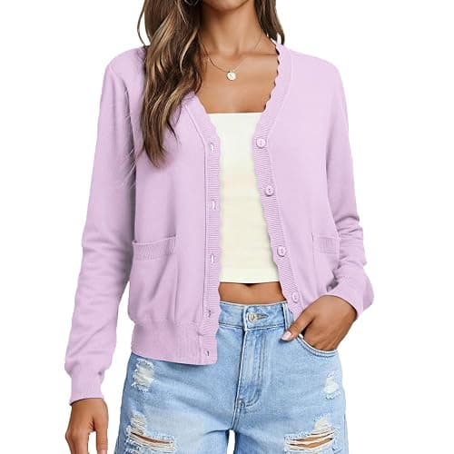 AGSEEM Womens Long Sleeve V Neck Button Up Lightweight Cardigan with Pockets Knit Open Front Sweaters - Image 1