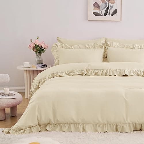 Horbaunal 5 Pcs Cream Ruffle Duvet Cover Full Size Soft Microfiber Shabby Chic Ruffled Duvet Cover Set, Vintage French Country Ruffle Bedding Set with Zipper Closure & Corner Ties, 80" x 90" thumbnail 3