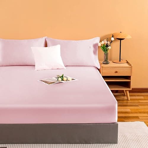 NSGZ Satin Fitted Sheet Twin, Single Silky Fitted Sheet Only Soft Deep Pocket Bottom Bed Sheets, Wrinkle Free & Fade Resistant & Breathable Bottom Sheets- Pink thumbnail 7