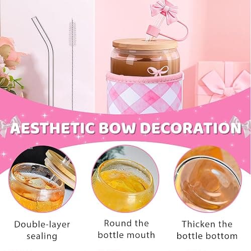 Mrltau 16 Oz Rosa Schleife Deko Glas Mit Deckel Und Strohhalm Und Bechermanschette, Iced Coffee Cup Aesthetic Stuff Clean Girl, Aesthetic Gläser Gift for Women, Summer Must Haves for Teen Girls thumbnail 3