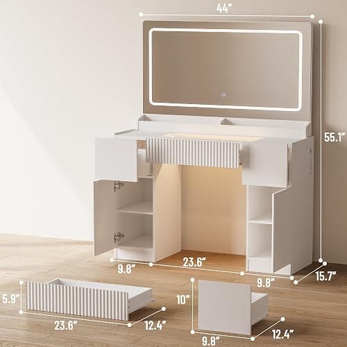INNOD 44" Vanity Desk with Large Mirror and Lights, Modern Glass Top Makeup Vanity Set with Power Outlet, 3 Drawers and 2 Cabinet, 3 Lighting Color Adjustable Dressing Table for Bedroom,Pure White thumbnail 2