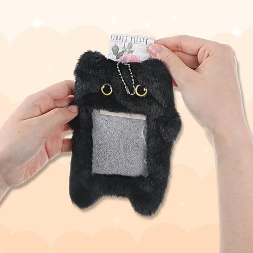 Tweruna Black Cartoon Plush Photocard Holder Keychain, Cute Cartoon Cat Photo Card Holder Keychain, Soft Plush Photo Card Holder for ID Card Cover Photo Protective Bag Pendant Decor thumbnail 4