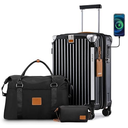 Joyway 20in Carry On Luggage with Cup Holder and USB Port, 25% Expandable Capacity, Smart Suitcase with Anti Slip Wheels and Handbag, Perfect for Men and Women 3 Piece Set Black - Image 1