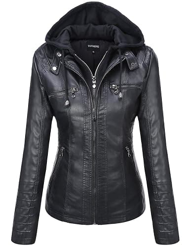 Tanming Womens Faux Leather Jacket Hooded Moto Biker Coat Outerwear Fall Fashion Outfits Winter Clothes - Image 1