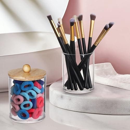 Tbestmax 4 Pack Qtip Holder, 10-Ounce Bathroom Organizer Accessories Storage Containers Clear Plastic Apothecary Jars with Bamboo Lids for Cotton Ball, Cotton Swab, Floss thumbnail 6