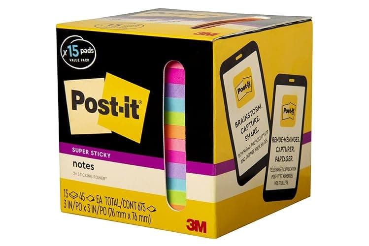 Post-it Super Sticky Notes, Assorted Bright Colors, 3x3 in, 15 Pads/Pack, 45 Sheets/Pad, 2X The Sticking Power, Recyclable, Multi-Color thumbnail 8