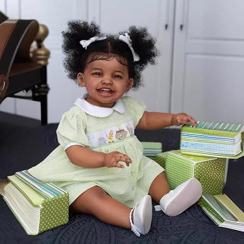Wamdoll 24Inches Sweet Smiling Rooted Curly Hair Lifelike Reborn Baby Girl Dolls that Look Real and Feel Real, Realistic Newborn Toddler Collectible Art Doll in Dark Brown Skin thumbnail 2