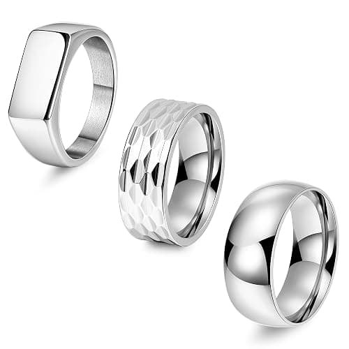 REVOLIA 3Pcs Stainless Steel Rings for Men 8MM Hammered Wedding Ring Set Square Signet Rings Pinky Silver Ring Simple Mens Band Rings Gold/Black/Silver Size 7-13 - Image 1