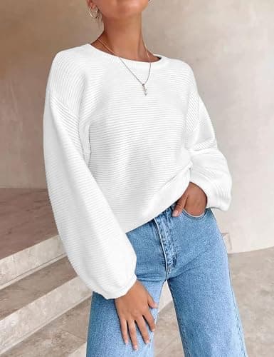 ZESICA Women's Crew Neck Long Lantern Sleeve Fall 2025 Casual Loose Ribbed Knit Solid Soft Pullover Sweater Tops thumbnail 3