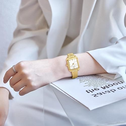 BOFAN Square Small Gold Watches for Women Easy Read Ladies Quartz Wrist Watch with Stainless Steel Expansion Band,Water Resistant. thumbnail 6