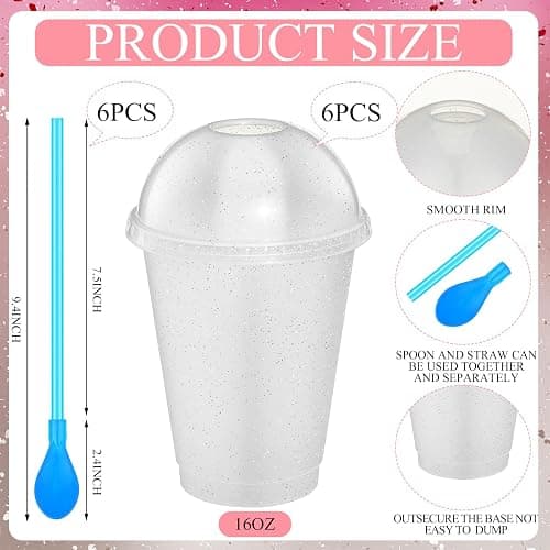 Ninehaoou 6 Set Slushie Cups with Dome Lids and Straws Detachable Spoon Straws Reusable Plastic Iced Coffee Cups Smoothie Tumbler for Birthdays Summer Party Supplies(Transparent White,16 oz) thumbnail 3