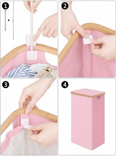 IEGrow Laundry Hamper with Lid,110L Laundry Basket with Mesh Bags,Pink | Dirty Clothes Hamper Basket with Bamboo Handle for Clothes Towels thumbnail 4