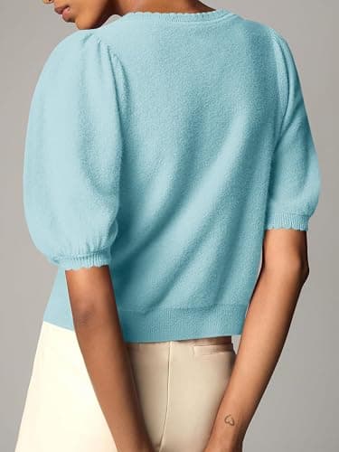 Saodimallsu Womens Puff Short Sleeve Cardigan Lightweight Summer Button Down Shirts Knit Crew Neck Sweater Tops thumbnail 5
