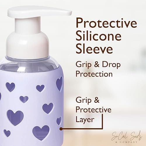 SoCal Suds & Company Foaming Hand Soap Dispenser Glass, Soft Purple, 8oz | Liquid Soap Pump w/ Heart Silicone Sleeve, Refillable Bottle for Kids, Baby Wash & Shampoo, Ideal for Bathroom & Kitchen Use thumbnail 4
