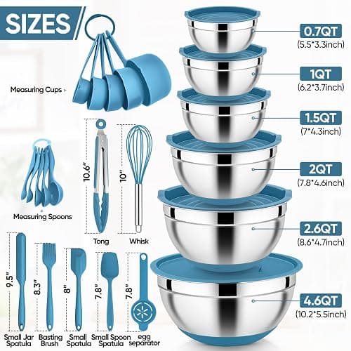 E-far 25PCS Mixing Bowls with Lid Set, Stainless Steel Nesting Prep Bowls with Grater Attachments Non-Slip Bottoms for Cooking, Baking, Serving, Food Storage, 4.6/2.6/2/1.5/1/0.7QT - Blue thumbnail 2