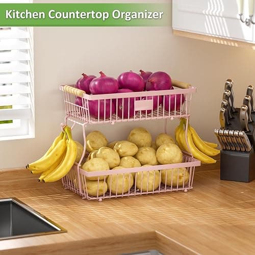 Astrorhine 2 Tier Fruit Basket for Kitchen Counter with 2 Banana Hangers, Countertop Metal Fruit Bowl with Wooden Handle, Large Storage Stand for Vegetables, Snacks, Breads, Produce Storage – Pink thumbnail 2